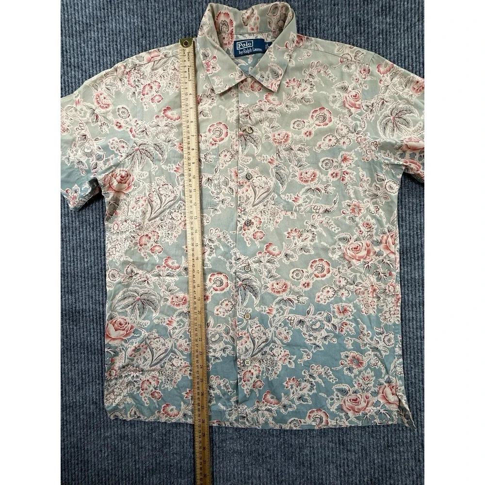 Polo Ralph Lauren Shirt Mens Medium Blue Floral Roses Short Sleeve Button Up VTG